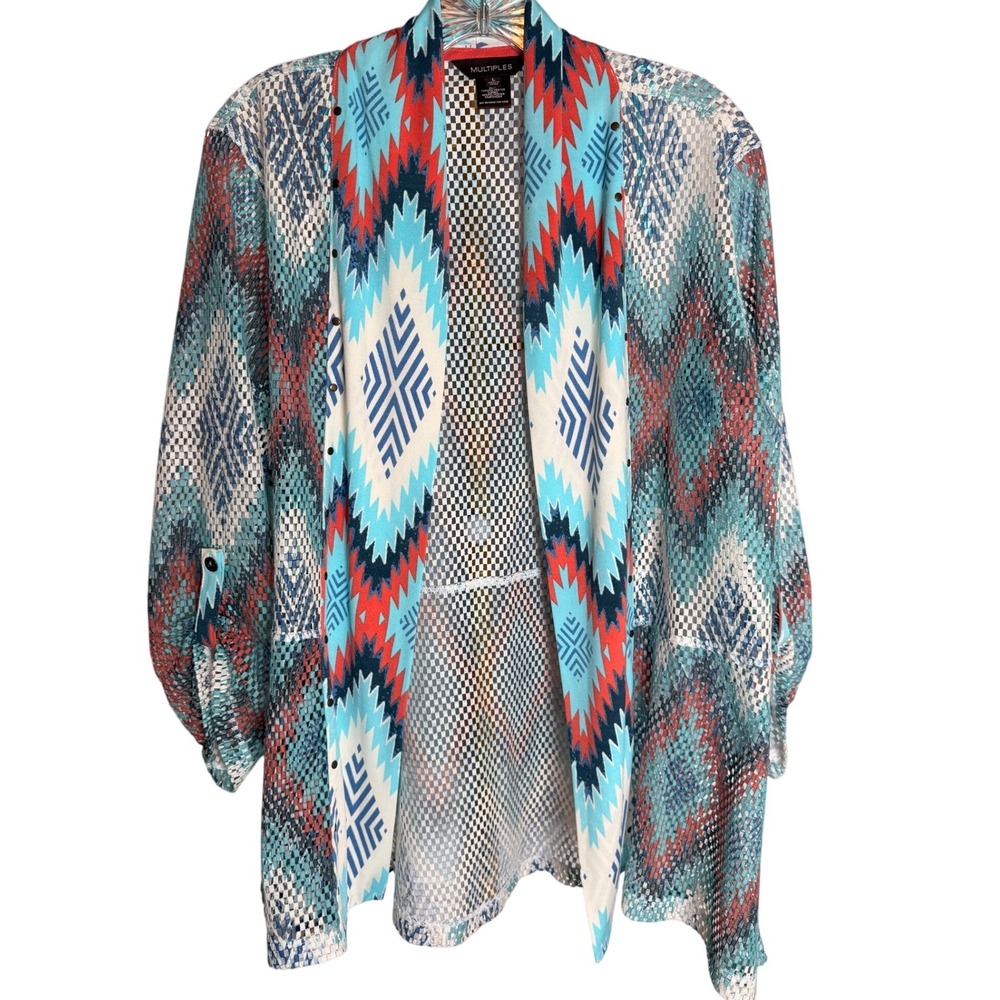 Multiples Southwestern Mesh Cardigan Womens Large Turquoise Geometric Roll Tab